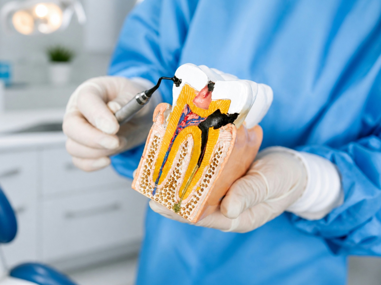 A calm patient in a dental chair looking at a digital X-ray on a screen while a dentist points to a tooth.