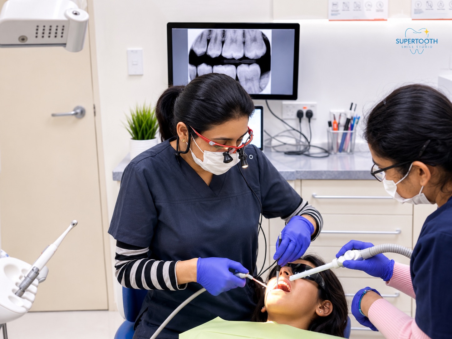 A friendly dentist and patient talking at a bright Auckland dental clinic reception with free parking at the door